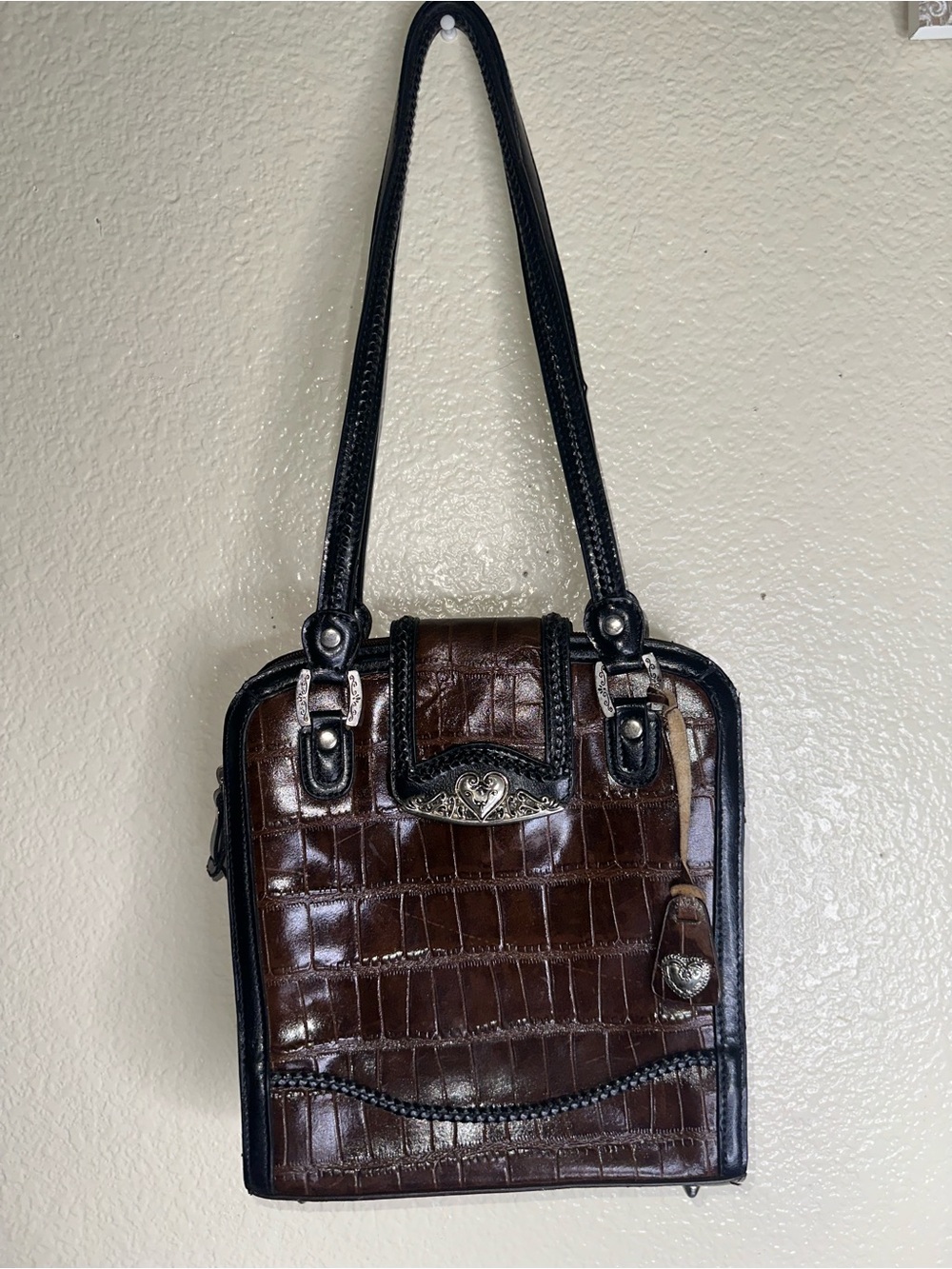 Croc-Embossed Brown Shoulder Bag with Black Trim and Silver Hardware